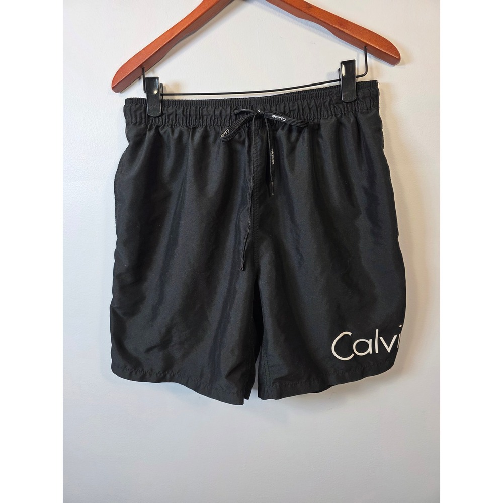 Calvin Klein Mens Black Swim Trunks Board Shorts Large Mesh Lined Drawstring